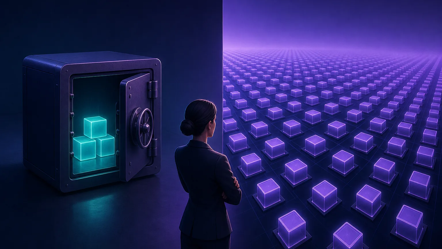 A split scene: on the left a small locked vault holding a few glowing address blocks representing scarce IPv4, on the right a vast glowing grid of countless address blocks representing abundant IPv6