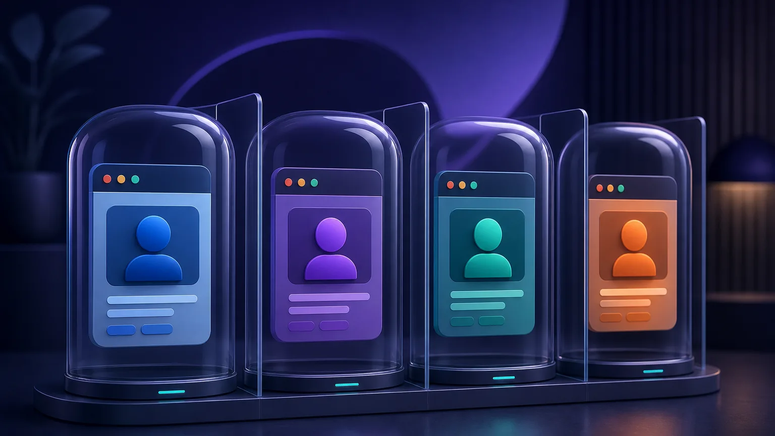 Several distinct browser-profile cards, each sealed inside its own translucent protective capsule and kept separate by dividers, representing isolated antidetect browser profiles