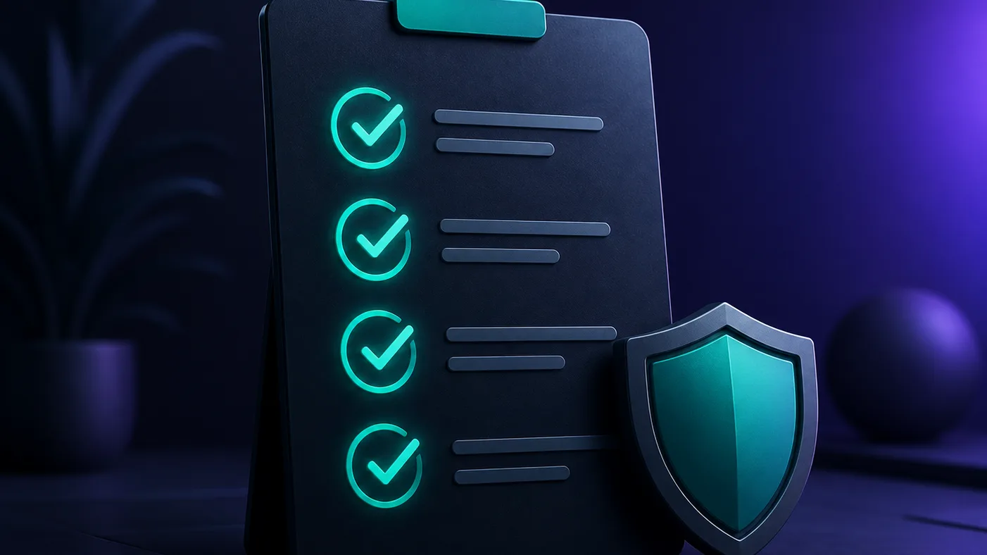 A clean checklist board with a few glowing green check marks beside a small protective shield, representing a safe account-setup checklist