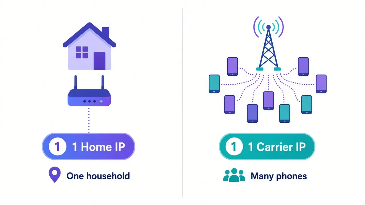 Diagram comparing one home router serving one household IP with a mobile carrier tower sharing one public IP across many phones