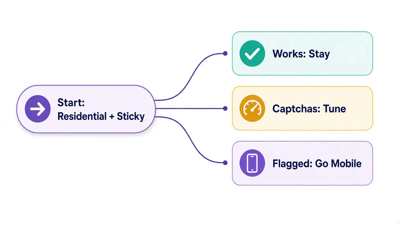 Decision diagram that starts with residential and sticky sessions, then branches to stay residential if it works or move to mobile if phone checks keep coming