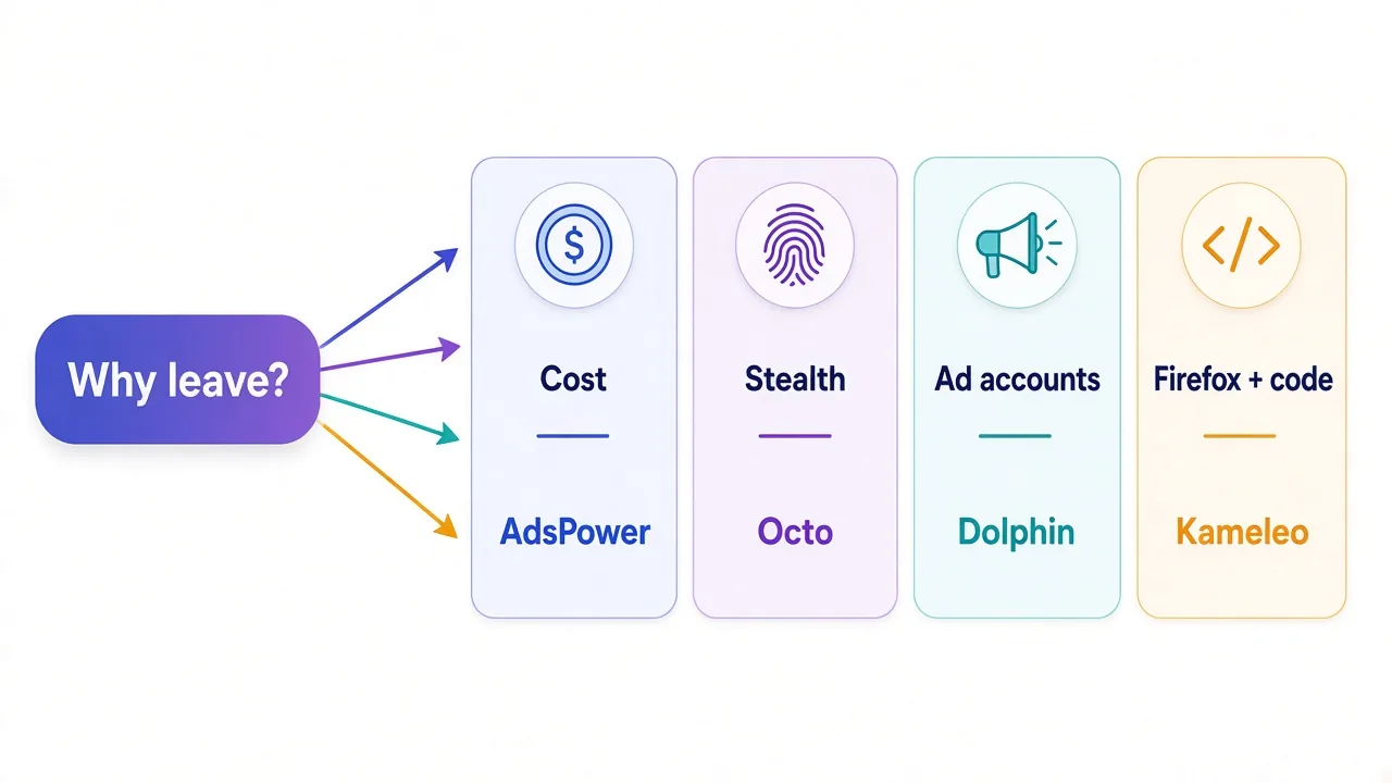 Decision diagram that starts from your main reason for leaving Multilogin and fans out to Octo Browser, AdsPower, Dolphin Anty and Kameleo