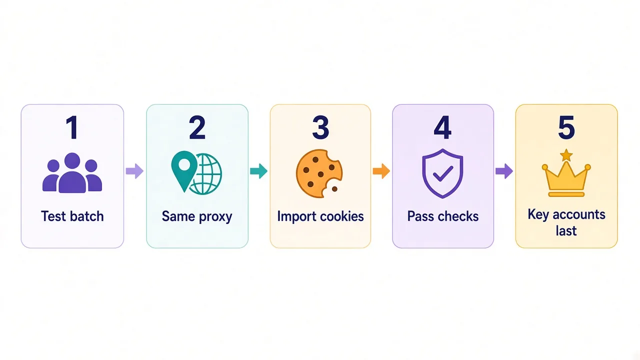 Five-step row showing a safe migration from Multilogin: test batch, same proxy, import cookies, pass checks, move key accounts last