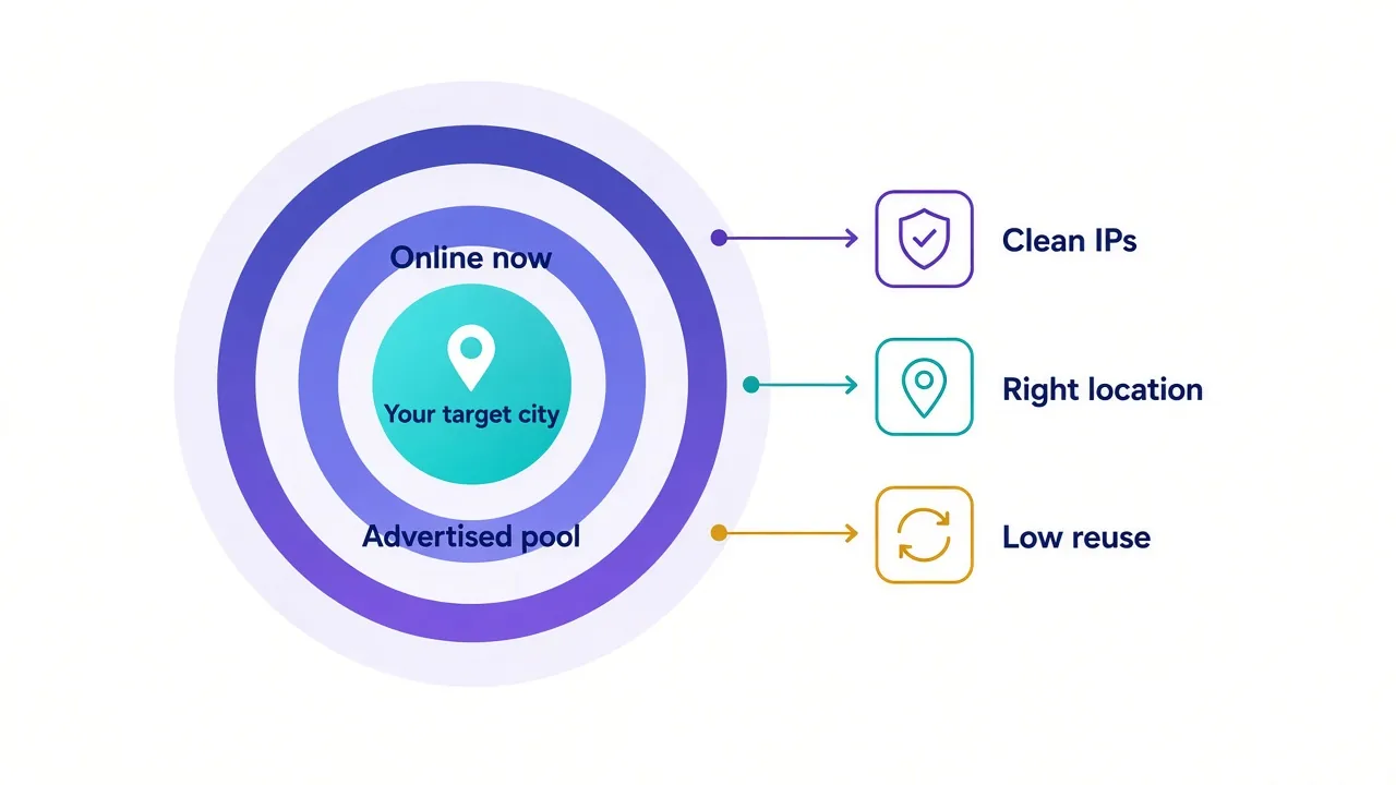 Diagram contrasting a provider's advertised pool size with the smaller set of IPs actually usable in your target city