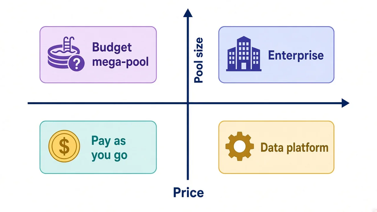 Quadrant diagram sorting Oxylabs alternatives by pool size and price into enterprise, data platform, budget mega-pool and pay-as-you-go lanes