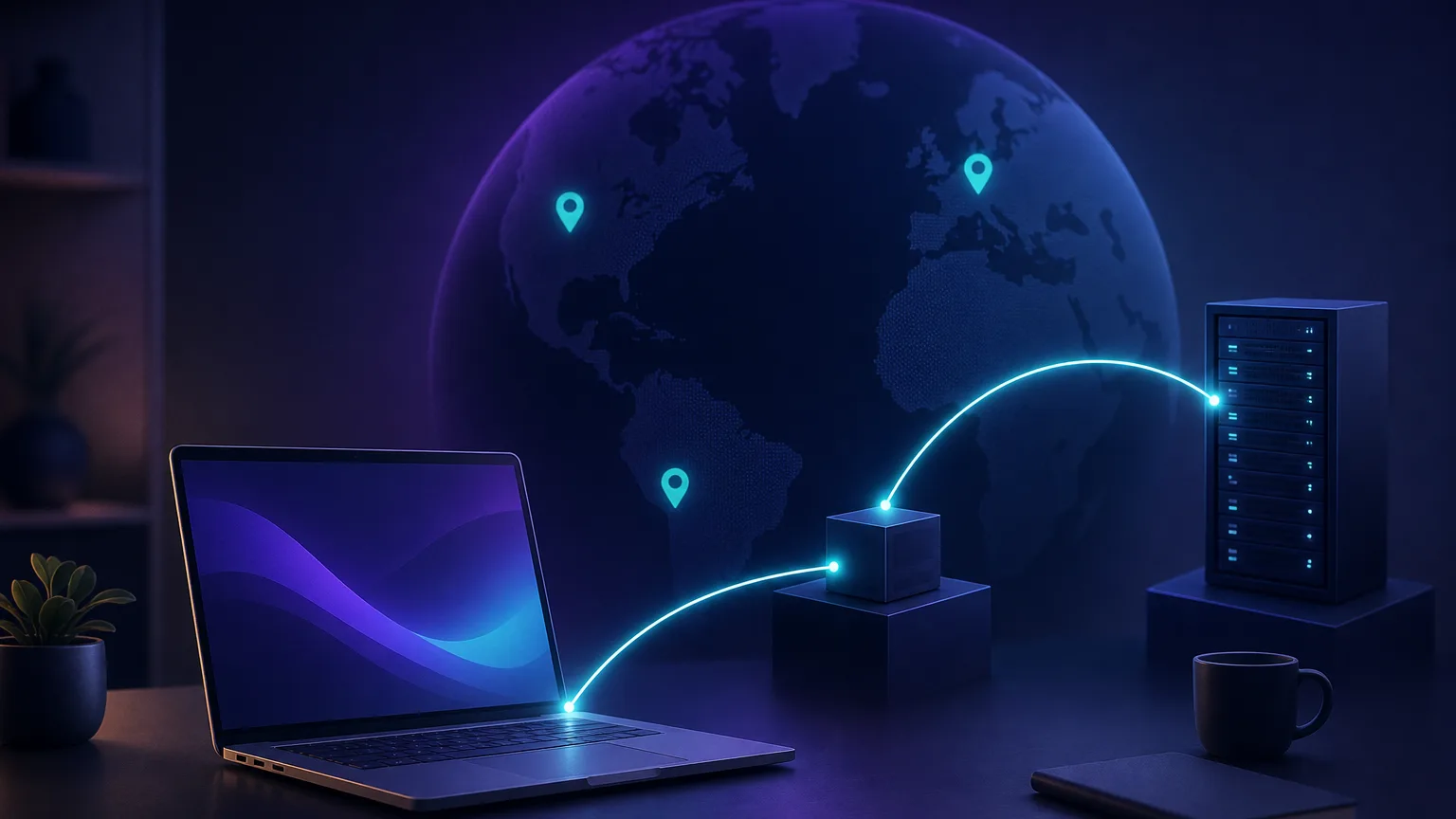 A laptop in the foreground connected to a distant server through a single highlighted route on a clean globe, with a few location pins marking the path.
