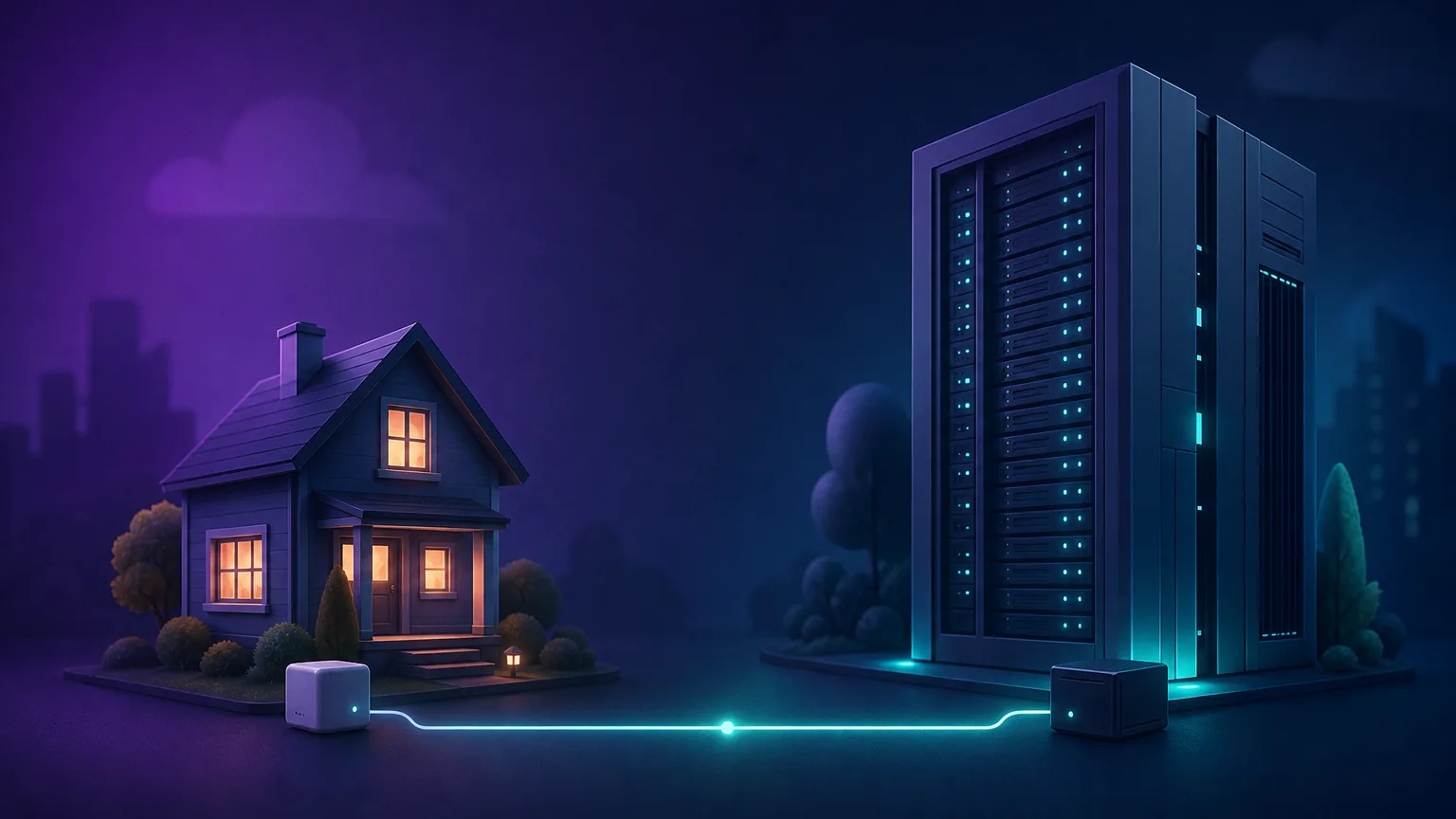 A split scene: a small cozy house on the left and a tall server-rack building on the right, joined by a single connecting line, representing residential versus datacenter proxies.