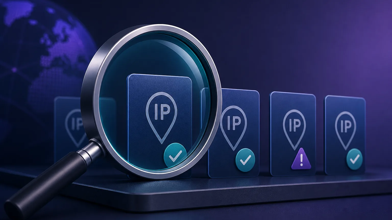 Magnifying glass inspecting proxy IP quality cards