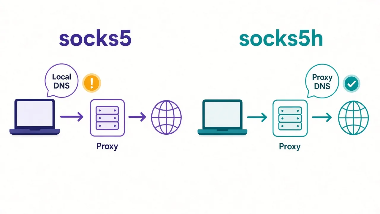 Diagram comparing socks5 and socks5h in curl: with socks5 the laptop resolves DNS locally, with socks5h the proxy resolves it
