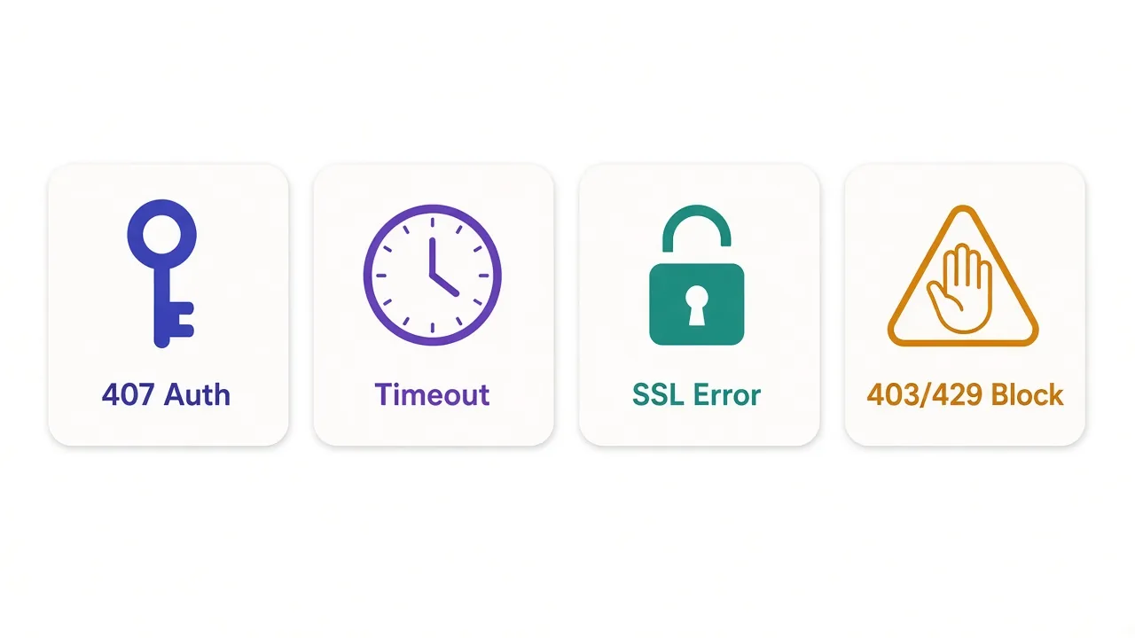 Four common proxy errors in Python Requests shown as cards: 407 authentication error, timeout, SSL error, and 403 or 429 block