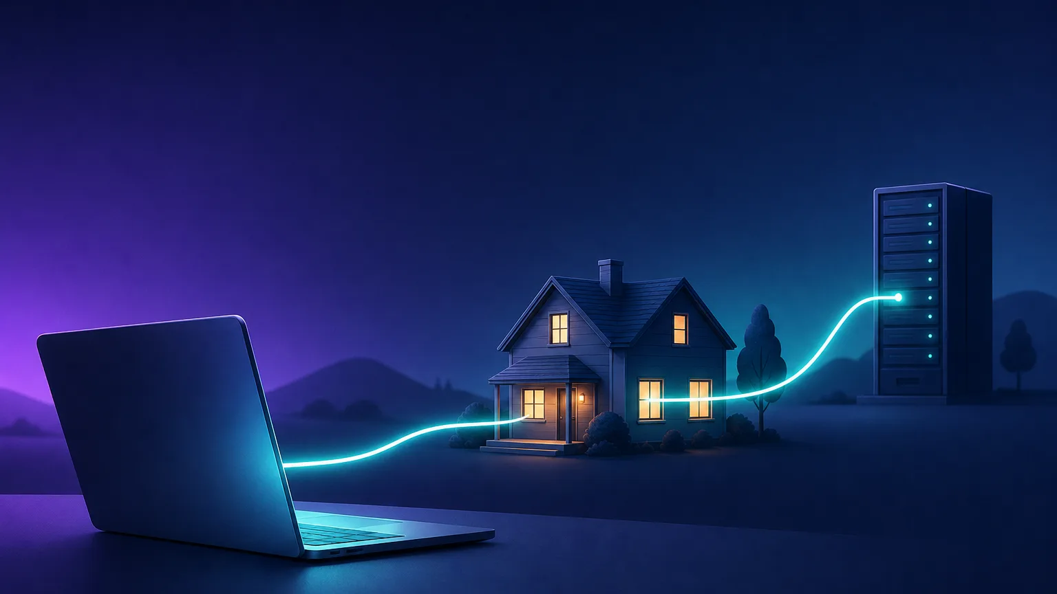 A laptop in the foreground sending a single glowing line through a small cozy house that relays it onward to a distant website server, illustrating how a residential proxy routes traffic