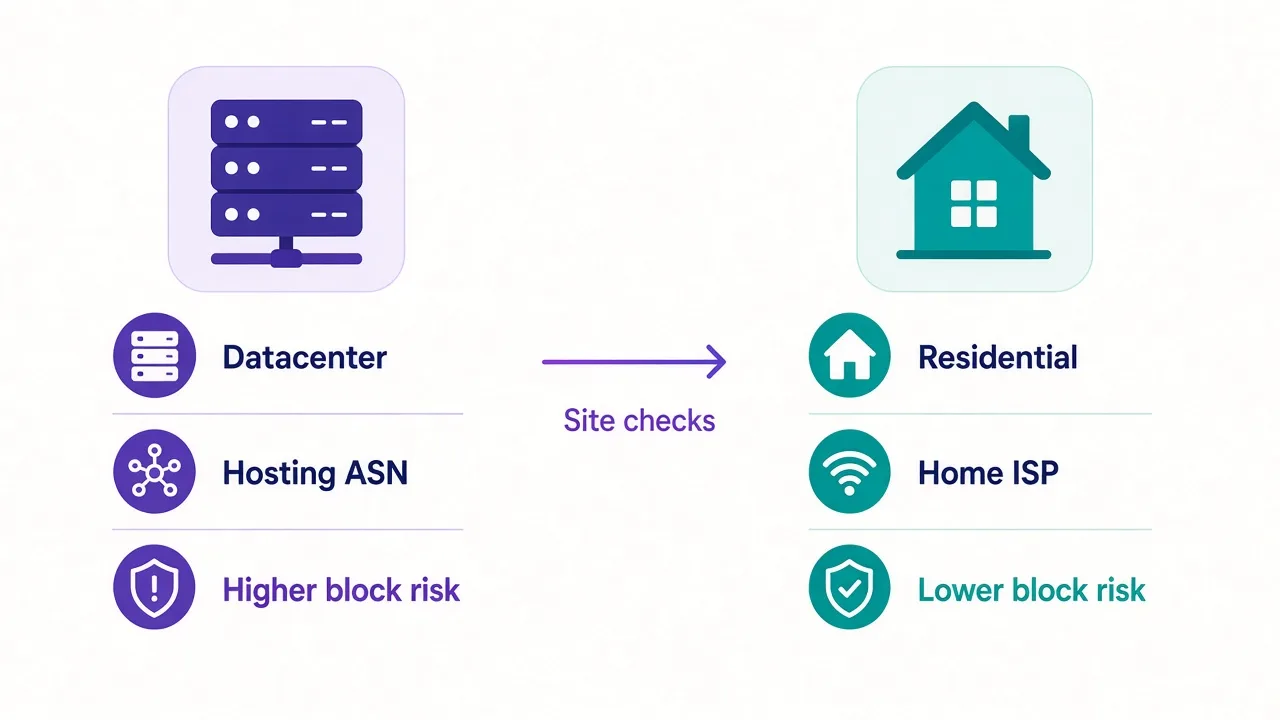 Two-column comparison of datacenter versus residential proxy paths, showing server ASN versus home ISP and higher versus lower block risk