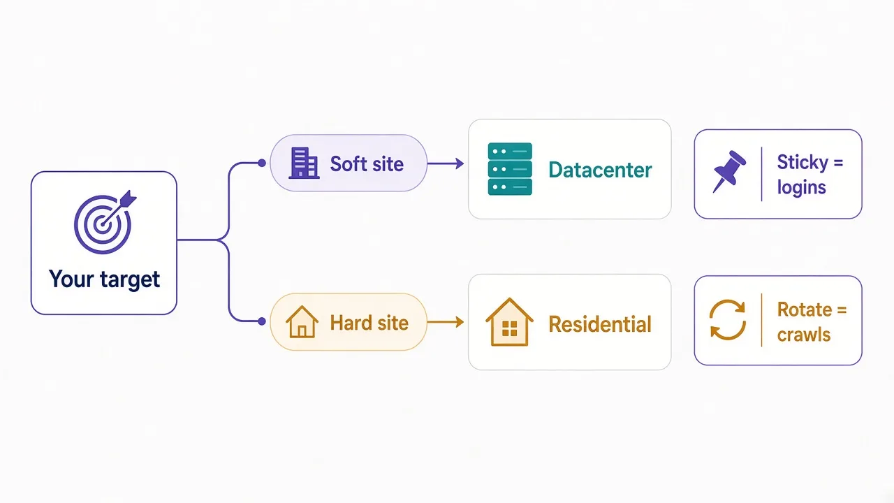Left-to-right decision flow: soft target to datacenter, hard target to residential, sticky for logins and rotate for crawls