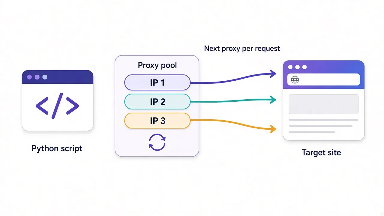 Flow diagram showing a Python script sending requests through a proxy pool, with each request leaving through a different proxy IP to reach the target site