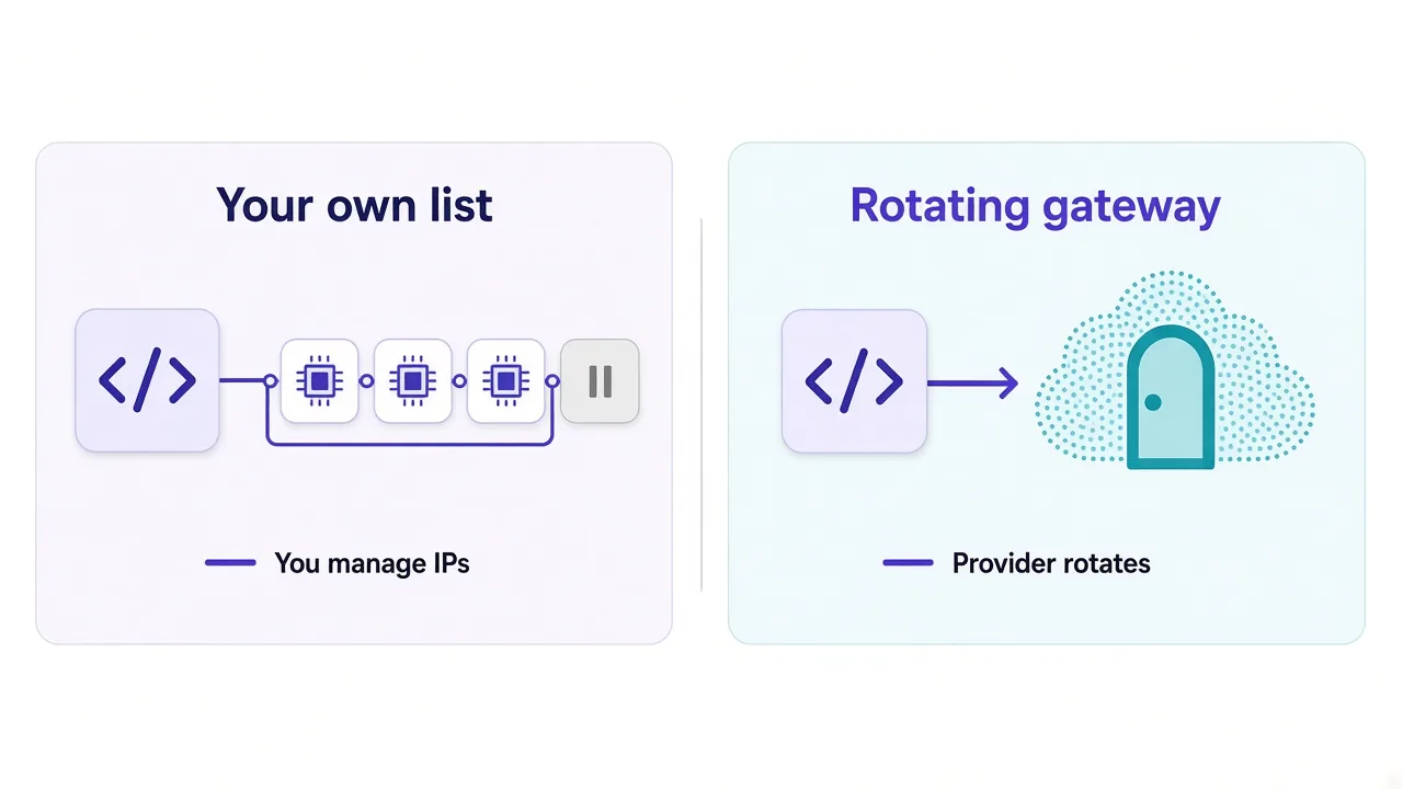 Side-by-side comparison of a self-managed proxy list, where your code picks and benches IPs, and a rotating gateway, where the provider swaps IPs behind one endpoint