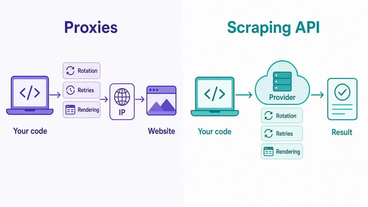 Two-column diagram comparing a proxy setup, where your scraper handles rotation, retries and rendering, with a scraping API that handles them for you