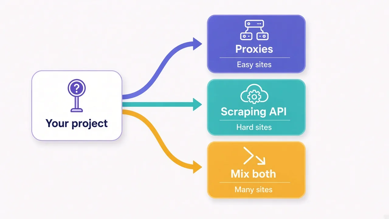 Decision diagram starting from your scraping project and fanning out to proxies for easy targets and high volume, a scraping API for hard targets and small teams, or a mix of both