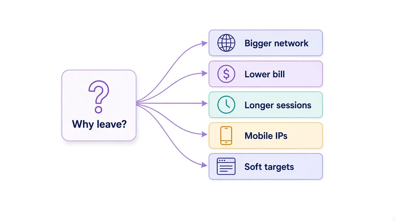 Decision diagram that starts from why you are leaving your proxy provider and fans out to five alternative types: bigger network, lower bill, longer sessions, mobile IPs and soft targets