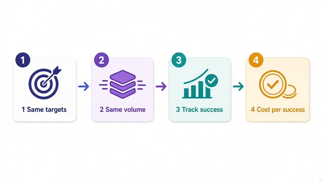 Four-step row showing how to test a new proxy provider: same targets, same volume, track success, then compare cost per success