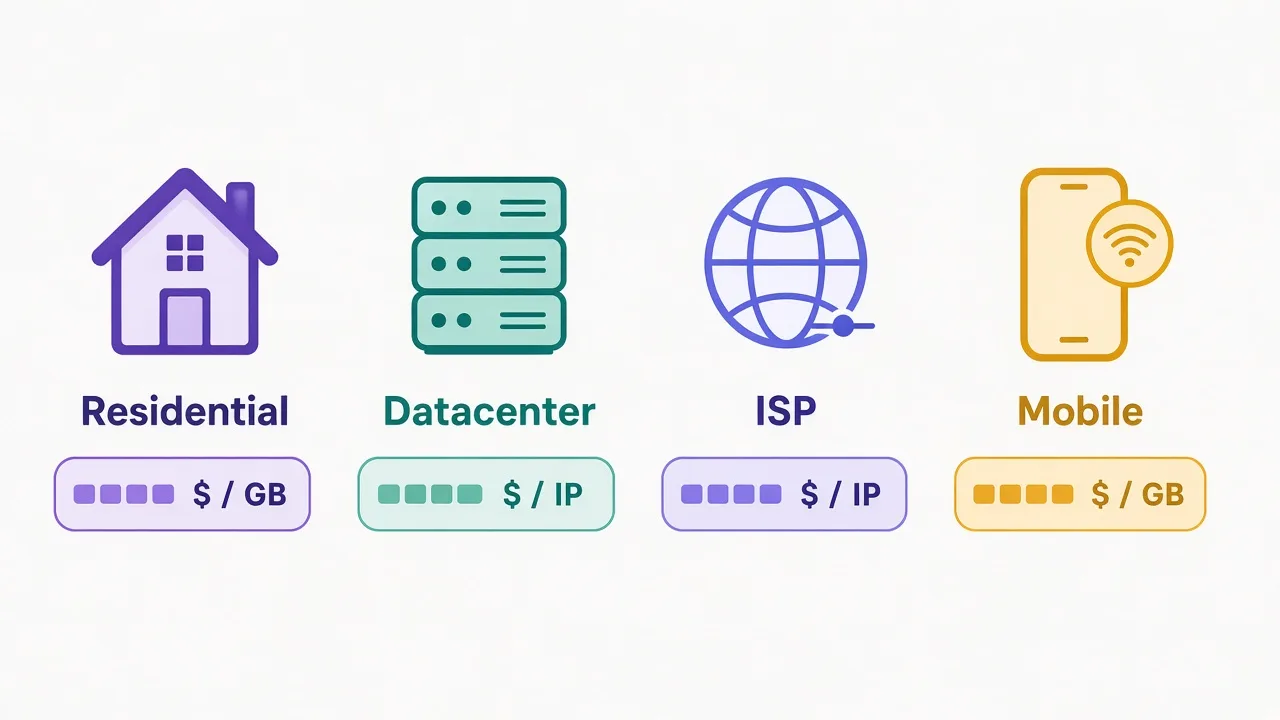 Four-column comparison of residential, datacenter, ISP, and mobile proxy cost models on Smartproxy