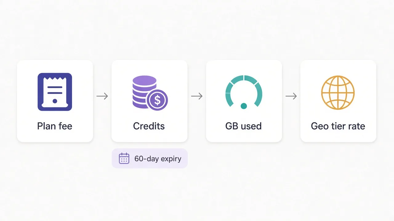 Four-step flow diagram of a SOAX bill: plan fee becomes credits, credits are spent per GB used, at a rate set by the geo tier, with credits expiring after 60 days