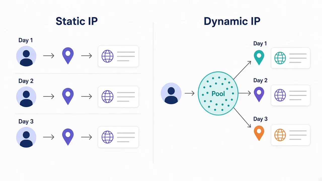 Two-column diagram: with a static IP the user reaches the website through the same IP on day 1, 2 and 3, while with a dynamic IP the user's traffic goes into a pool and exits through a different IP each day