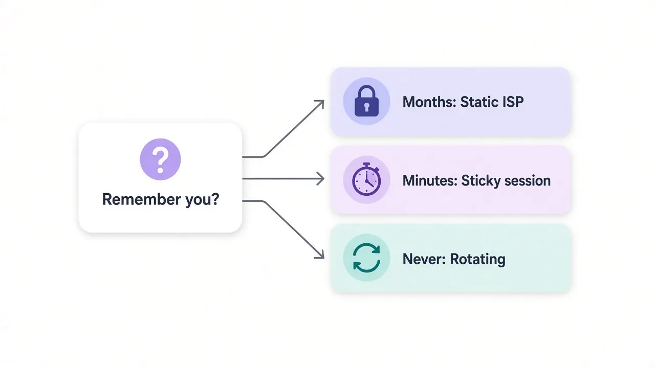 Decision diagram starting from 'Remember you?': if the site should remember you for months, use static ISP; for minutes, use a sticky session; if never, use rotating proxies