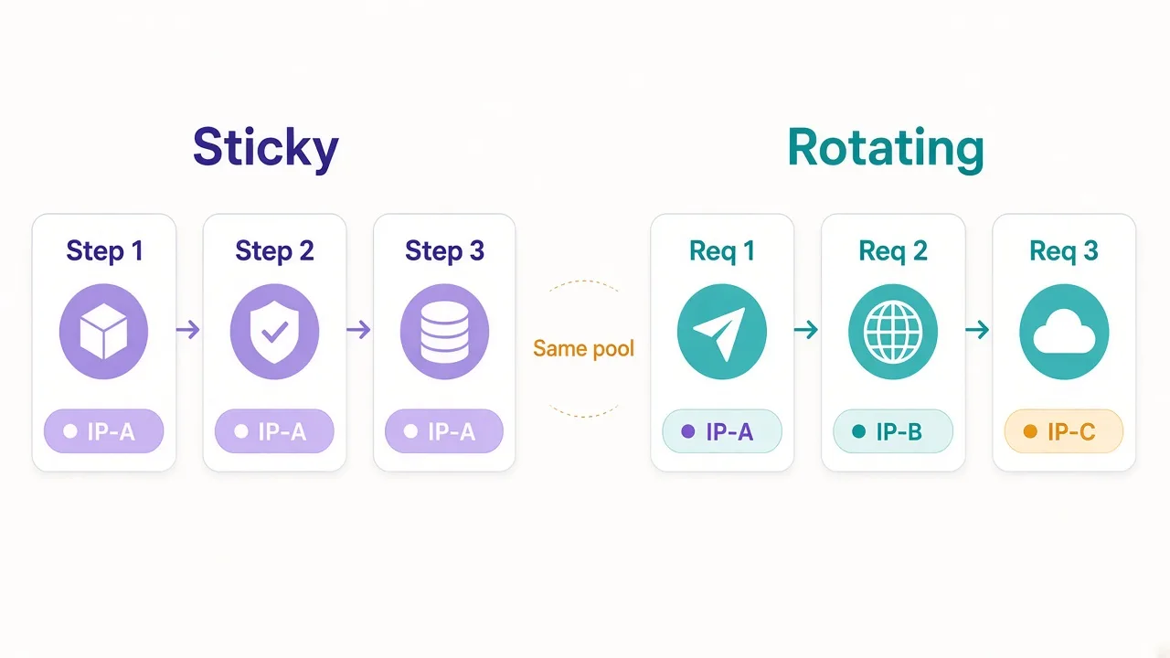 Side-by-side diagram: sticky keeps one IP across steps; rotating assigns a new IP per request