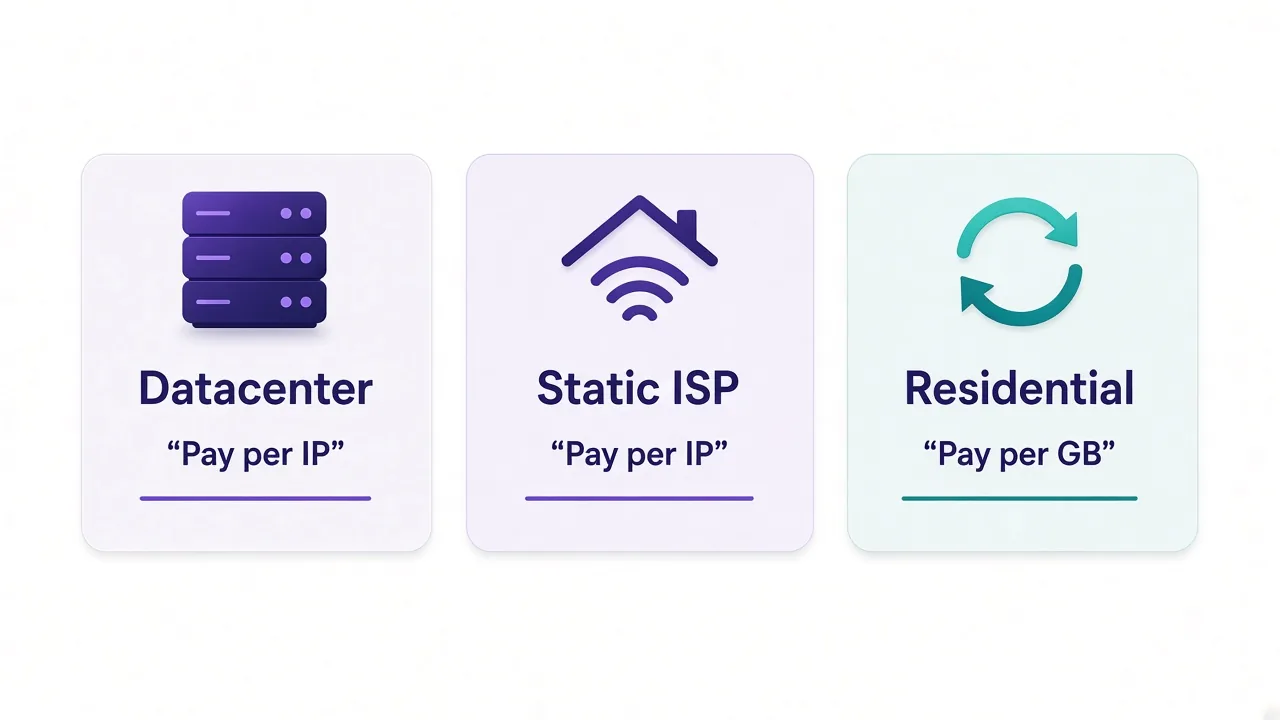 Three-column diagram comparing Webshare billing: per-IP datacenter, per-IP static ISP, and per-GB rotating residential