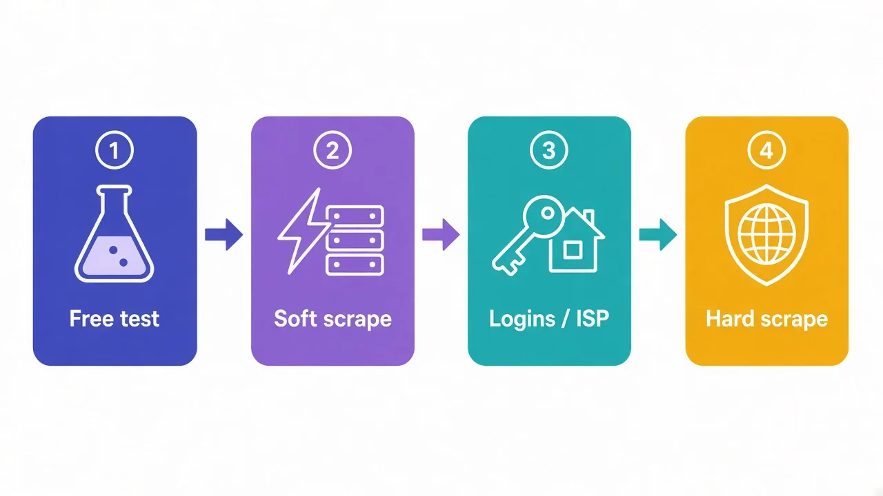 Decision row showing four use cases mapped to Webshare plan types: soft scrape to datacenter, logins to ISP, hard scrape to residential, and test to free tier
