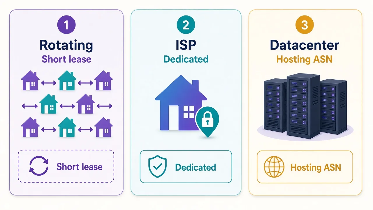 Three-panel diagram comparing rotating residential, ISP static residential, and datacenter proxies by ASN type and IP stability