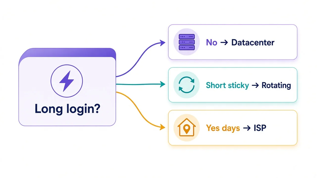Decision diagram showing when to use datacenter, rotating residential, or ISP proxies based on session length and target sensitivity