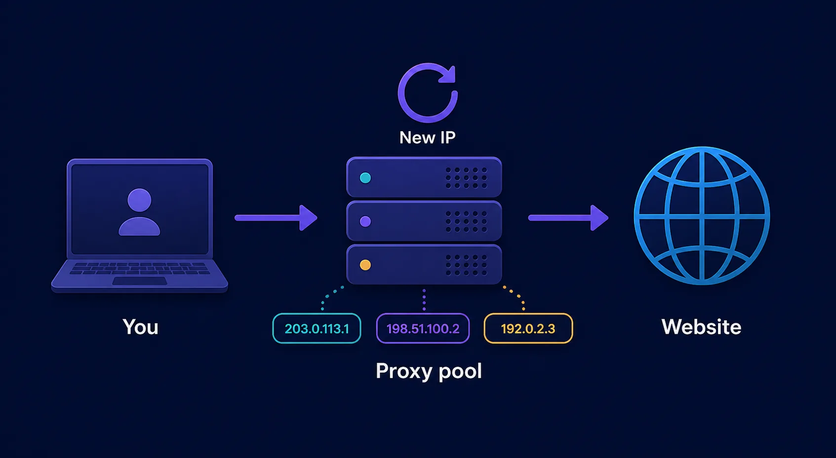 Flow diagram: your requests go to a rotating proxy pool that assigns a new IP to each request before reaching the target website