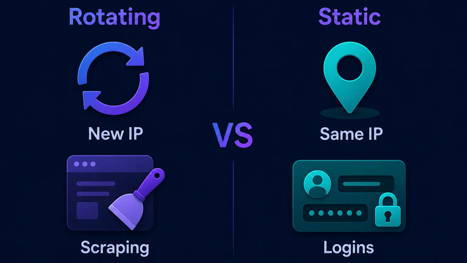 Comparison diagram: rotating proxies give a new IP each request and suit scraping, while static or sticky proxies keep one IP and suit logins and checkouts