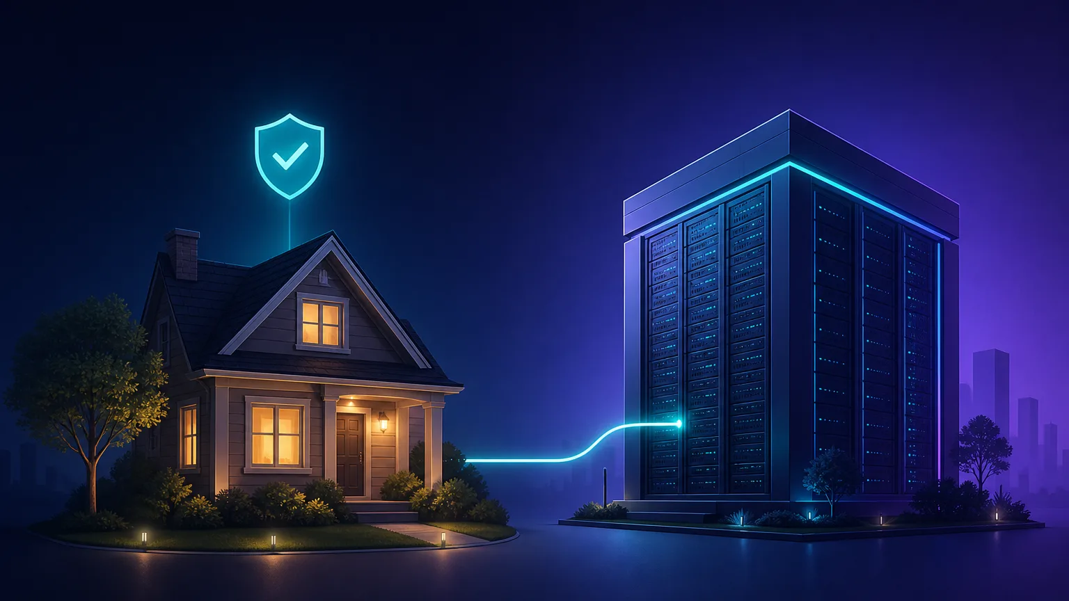Split illustration of a cozy house connected by one line to a datacenter building full of server racks