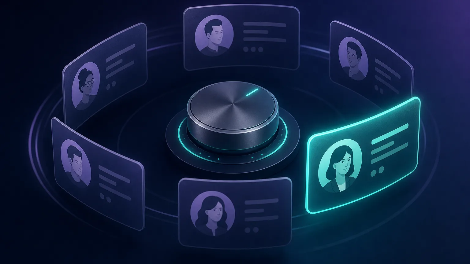 A rotating carousel of IP address cards around a control dial, one card highlighted as active