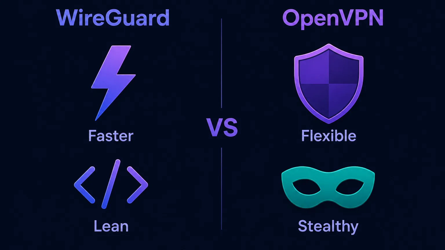 Comparison diagram: WireGuard is faster with a small ~4K-line codebase and modern crypto, while OpenVPN is flexible, battle-tested, and better at bypassing blocks
